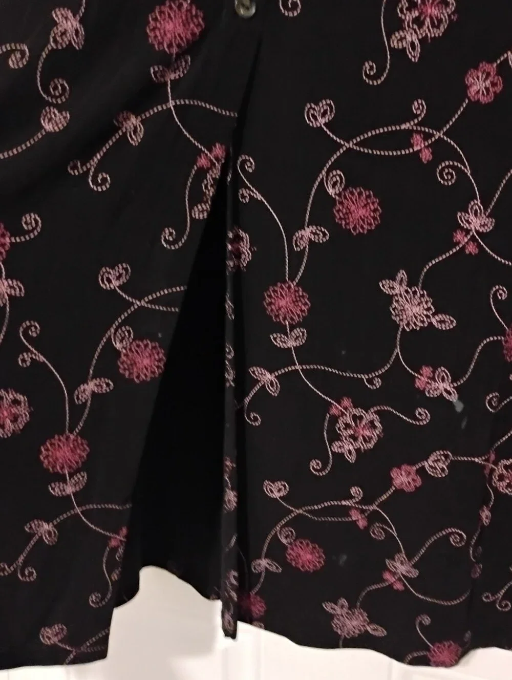 Slinky Maxi Skirt Vintage Black Pink Floral Faux Embroidery Button Front XL